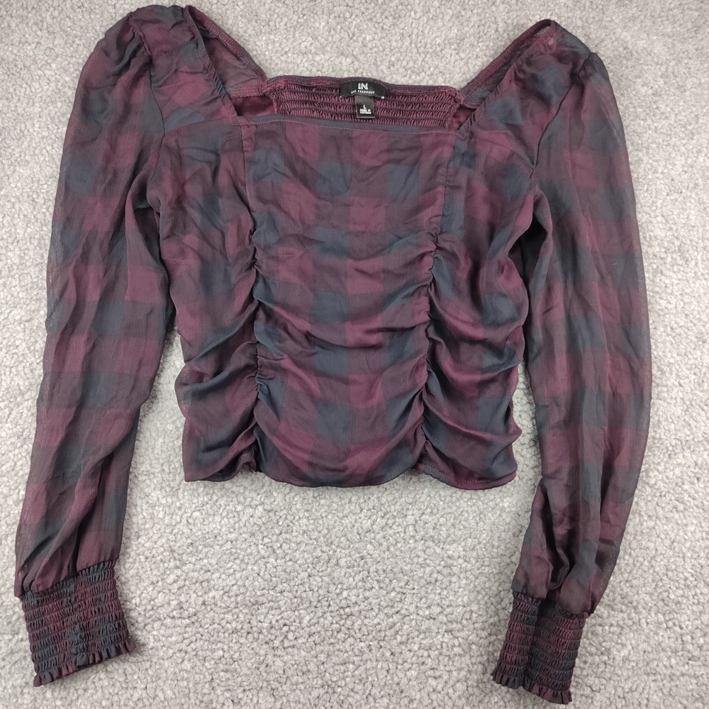 I.N. San Francisco Blouse Sz Large Purple Ruched Sheer Goth Preppy EUC